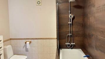 A bathroom with a toilet, a shower, and a bathtub.