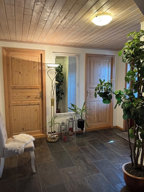 A room with wooden doors, a mirror, a potted plant, a chair, and a floor lamp.