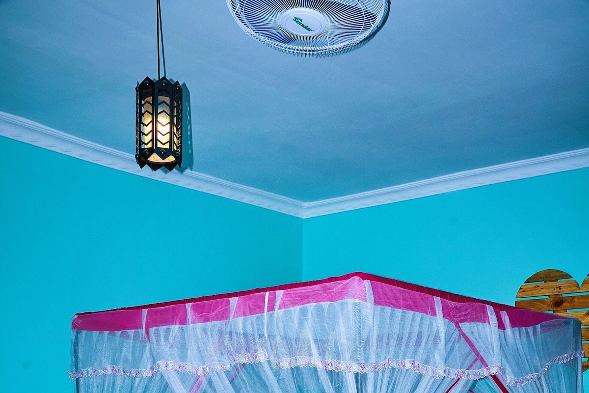 Ein Zimmer mit einem Bett unter einem Baldachin, einem Deckenventilator und einer Wandleuchte.