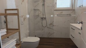 Shower, hair dryer, towels