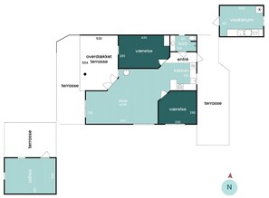 Distribución de un hotel con terraza, baño, cocina y comedor.