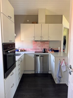 Una cocina compacta con alacenas blancas, lavavajillas de acero inoxidable y horno negro.