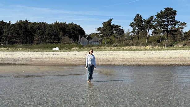 A person standing in shallow water near a beach with trees and a building in the background.
