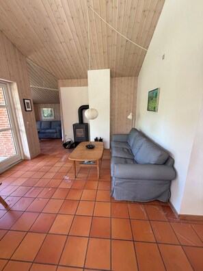 En stue med sofa, sofabord, pejs og en hængende lampe.