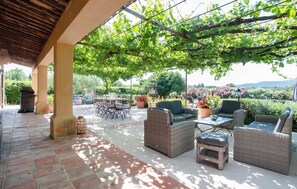 Un patio al aire libre con mobiliario de mimbre, una parrilla y vistas a un viñedo.