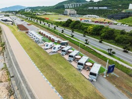 Un camping con vehículos recreativos estacionados en filas, una autopista al fondo y un puente.