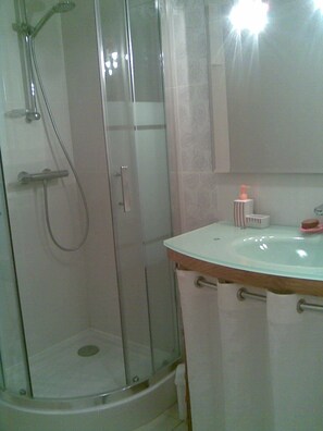 Dusche, Haartrockner, Seife, Toilettenpapier