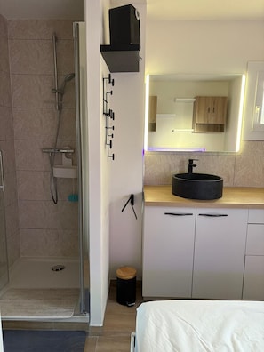 A modern bathroom with a glass shower enclosure, a black sink, and a mirror above the countertop. - St Cyprien Ground floor apartment with large terrace overlooking the Marina! (Saint-Cyprien)