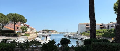 A marina with boats, a clear blue sky, and buildings in the background.