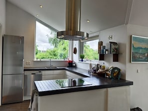 Fridge, microwave, dishwasher, cookware/dishes/utensils