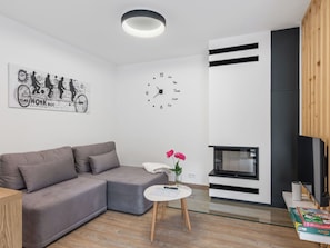 Una televisión, una chimenea