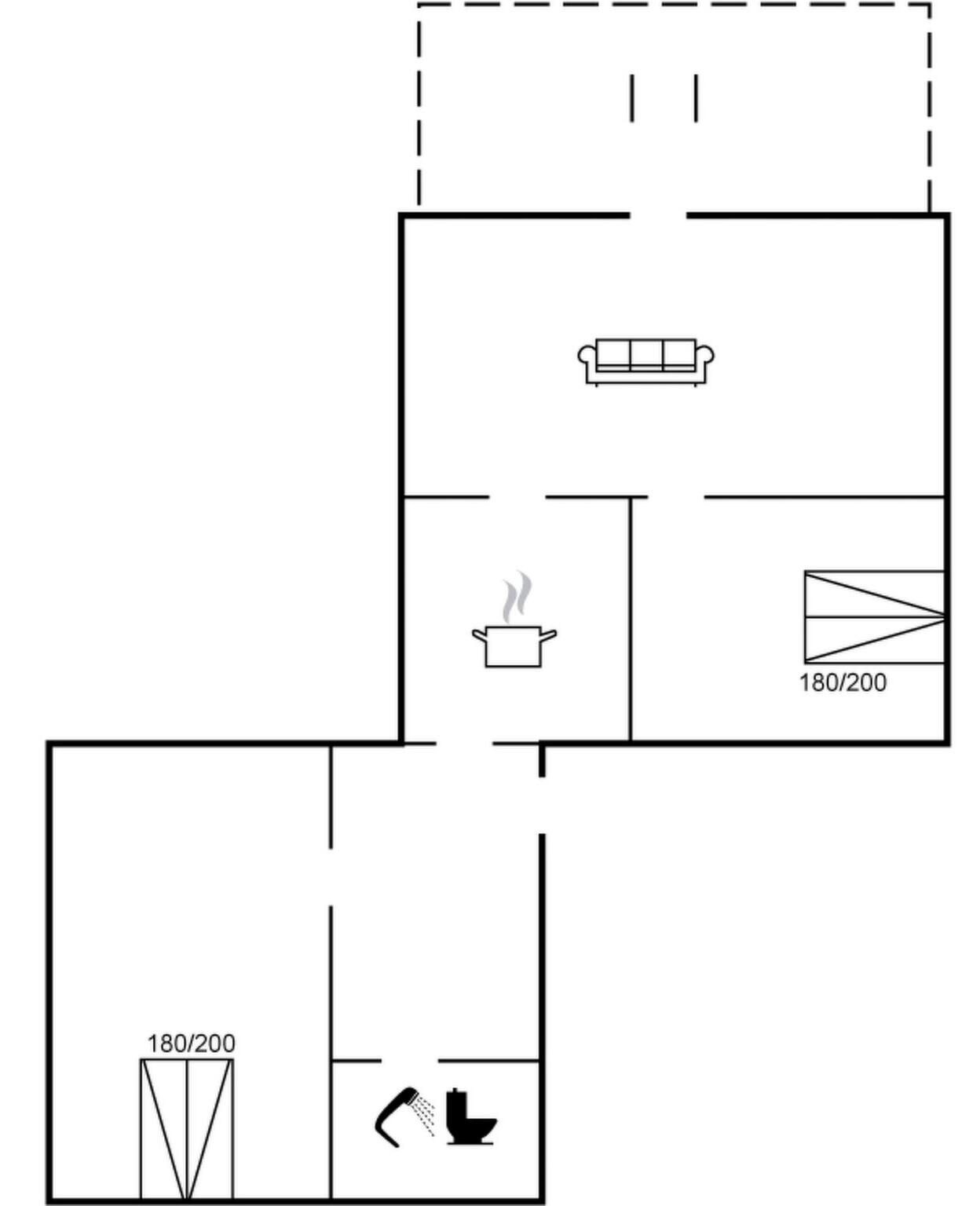 A floor plan with a living area, kitchen, and bathroom.