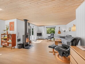 Una sala de estar moderna con una estufa de leña, una estantería, un sofá gris y un televisor.