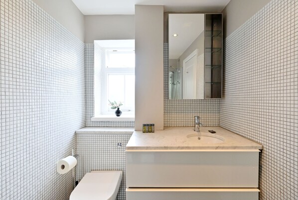 Ducha, secador de pelo, toallas y jabón