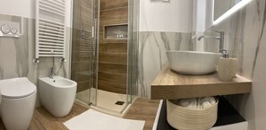 Hair dryer, towels, soap, toilet paper