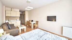 A compact living space with a kitchenette, a dining area, a TV mounted on the wall, and a cozy seating area with a fluffy rug. - MaRKoS Flat in Block 2, New Gudauri (Gudauri)