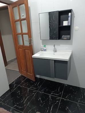 Hair dryer, towels, soap, toilet paper