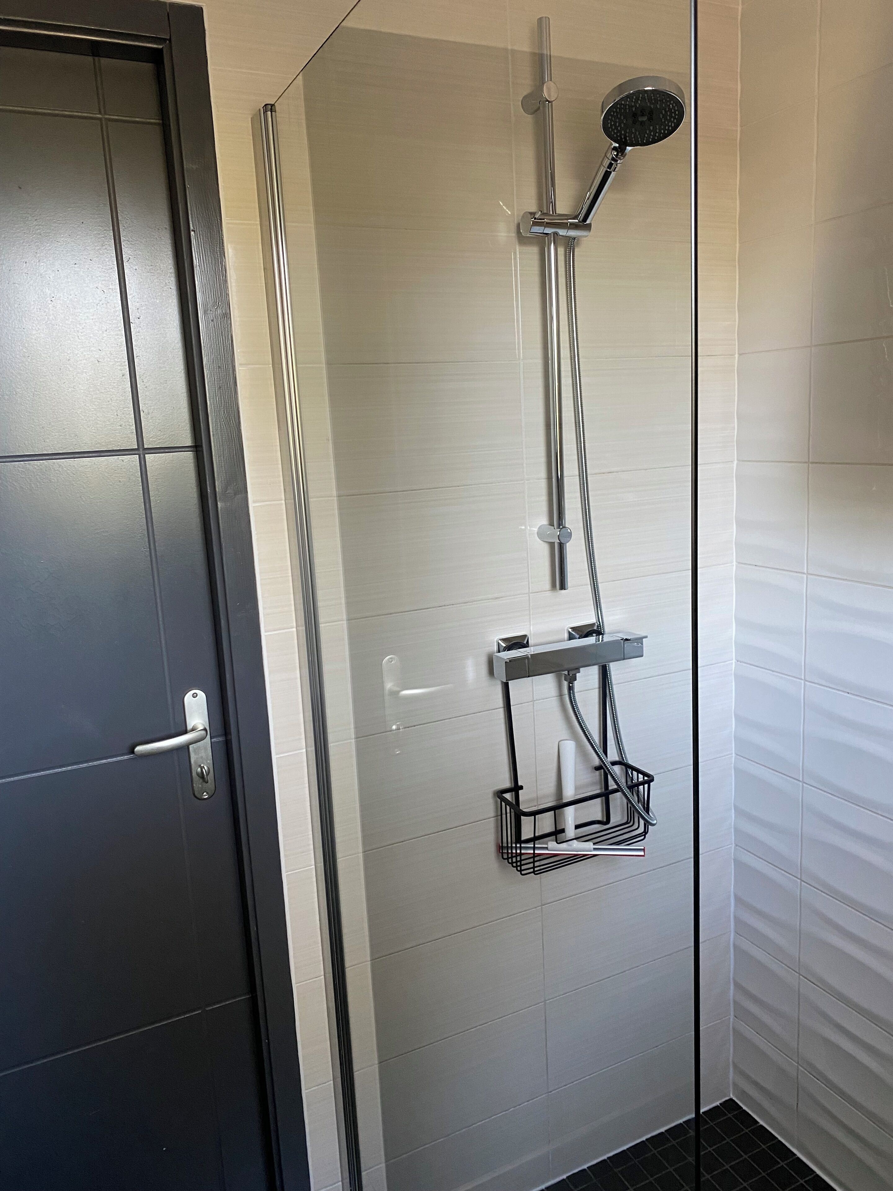 Une salle de bain avec une douche, une porte et un porte-serviettes.