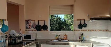 Fridge, microwave, stovetop, coffee/tea maker