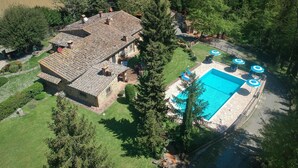 An aerial view of a property with a swimming pool, surrounded by trees and a well-maintained lawn.