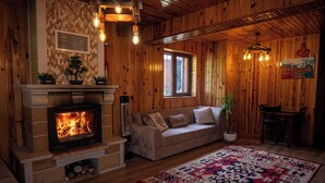 Una habitación acogedora con chimenea, paredes de madera, un sofá y una alfombra estampada.