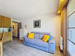 A compact living space with a kitchenette, a sofa with cushions, a framed picture on the wall, and a radiator. - TOVASSIERE TS113 NATURE & VIEW 4 Pers. (Châtel)