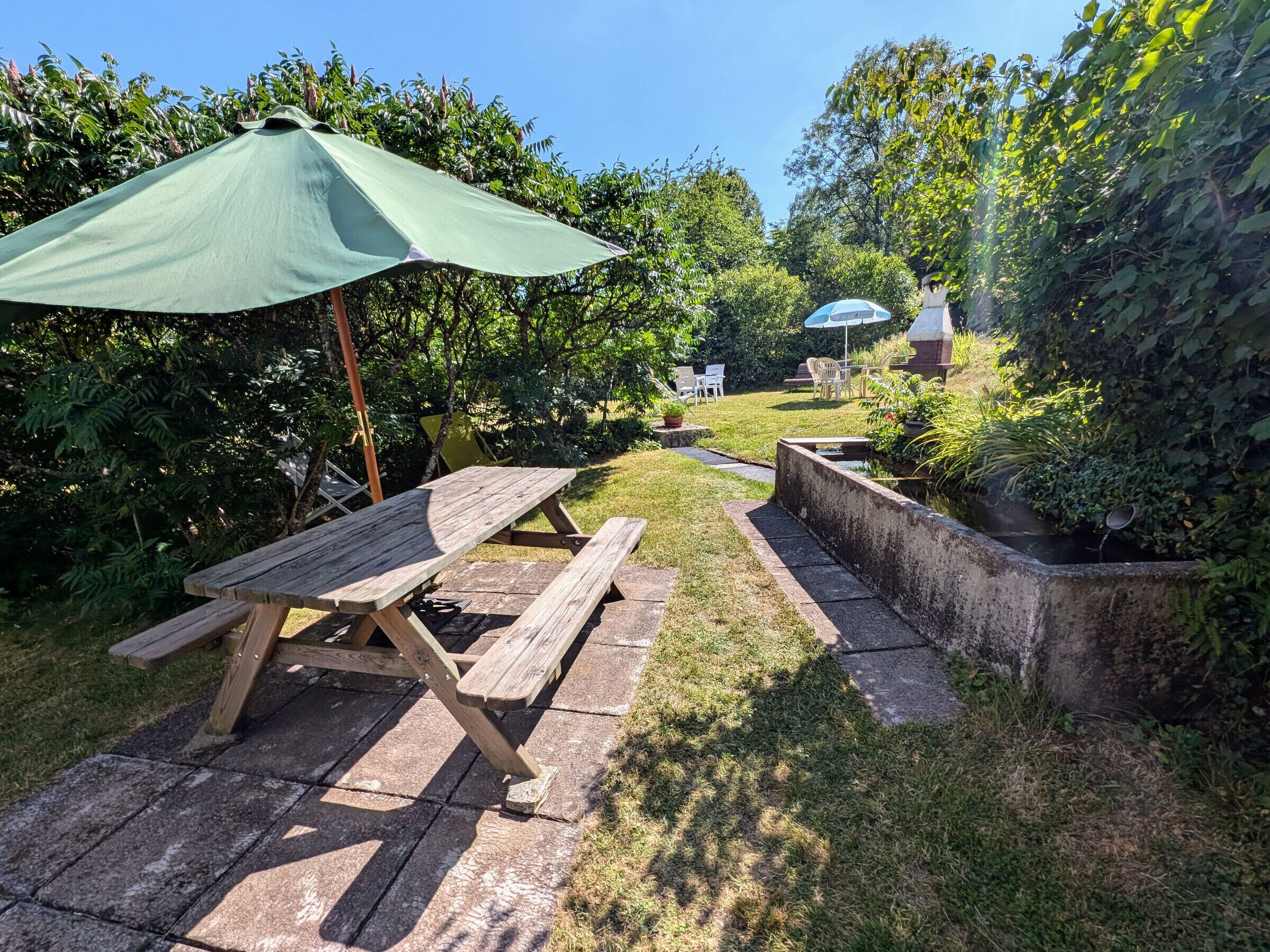 A garden with a wooden picnic table and benches, surrounded by lush greenery and a small water feature.