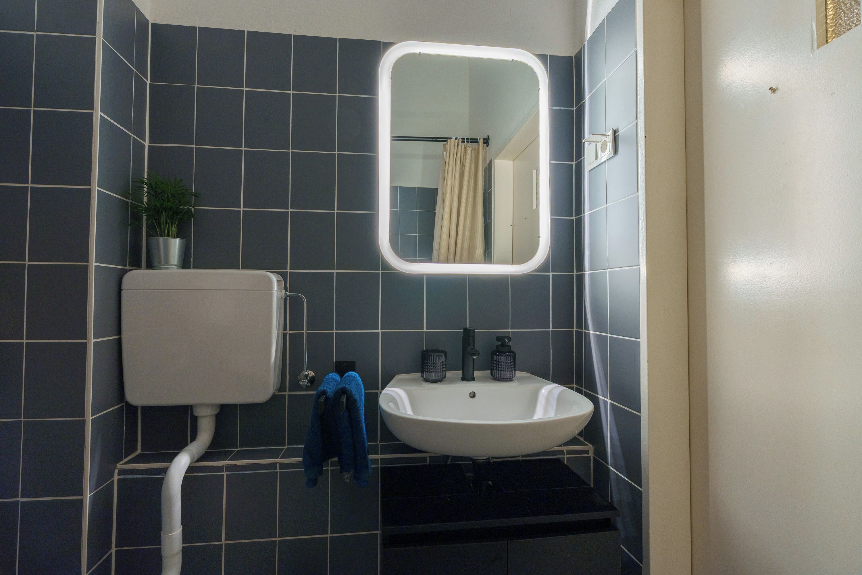 Un baño con baldosas oscuras, un lavamanos blanco, un espejo, un inodoro y una planta.