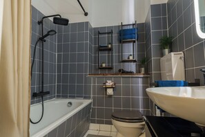 Hair dryer, towels, soap, shampoo
