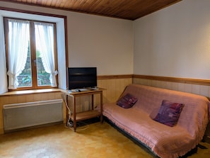 A room with a wooden ceiling, a window with curtains, a television on a wooden stand, a sofa with a blanket, and a radiator.