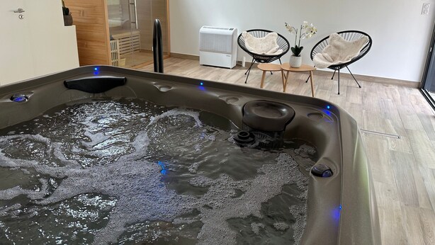 A spa area with a hot tub, wooden panel walls, and two chairs with potted orchids. - Welcoming lodge perfect for hikers with pets allowed (Fretigney-et-Velloreille)