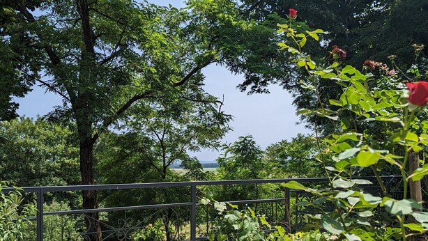 Un giardino con un ponte in pietra, vegetazione rigogliosa e vista sul mare.