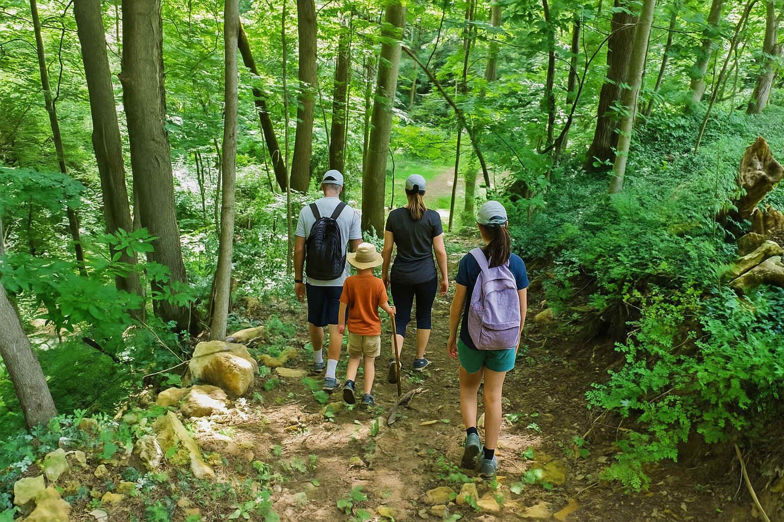 A group of people hiking on a forest trail.