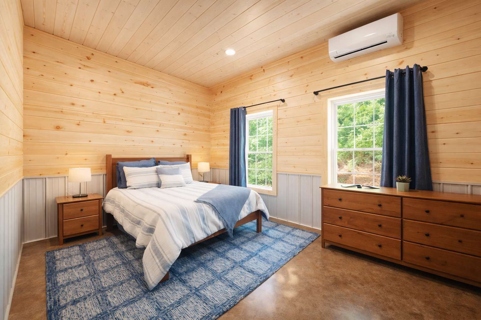 Un dormitorio con paneles de madera, una cama, mesitas de noche, un aparador y una ventana con cortinas.