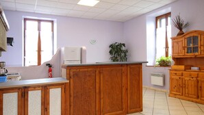 A kitchen with wooden cabinets, a countertop, a plant, and a window.