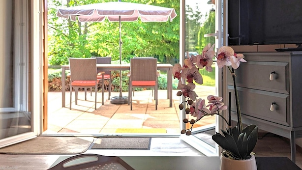 Une pièce dotée d’une porte-fenêtre coulissante donnant sur un patio extérieur avec une table et des chaises, un téléviseur et un pot d’orchidée.