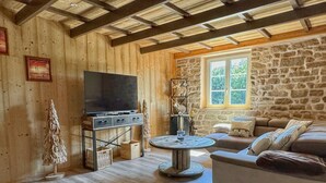 A cozy living room with wooden walls and a stone accent wall, a television, a fireplace, and a comfortable sofa. - Woodland Cottage: Comfort in Nature, near the Thousand Lakes Plateau (La Lanterne-et-les-Armonts)