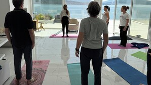 A spacious room with large windows offering a view of a body of water and hills. There are yoga mats on the floor, and a few people are standing. - Villa Infinity (Megara)