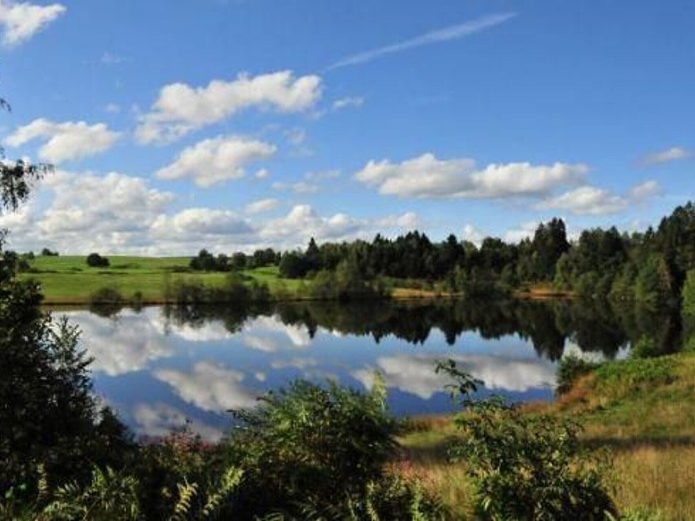 A calm lake with a clear reflection of the sky and trees, surrounded by lush greenery.