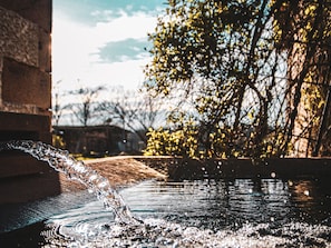 A water feature with a clear stream flowing into a reflective pool, surrounded by trees and a brick structure.