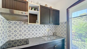 Une cuisine avec des meubles en bois foncé, un évier en acier inoxydable et un pare-feu décoré de carreaux bleus et blancs.