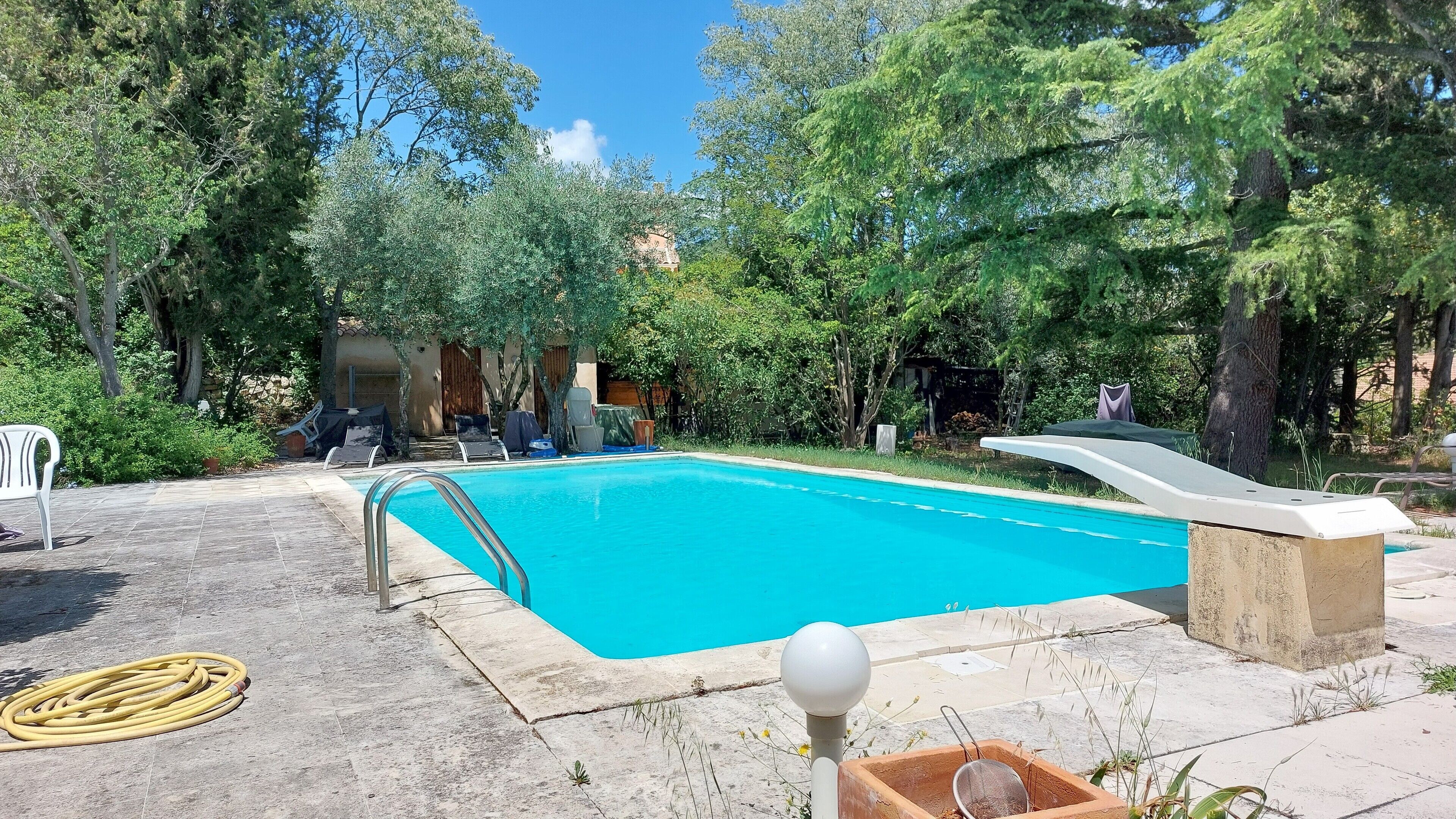 A rectangular swimming pool with a metal ladder, surrounded by trees and a covered seating area with chairs.