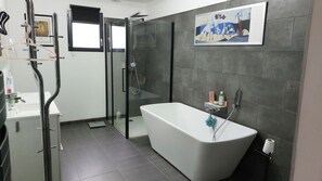 Shower, hair dryer, bidet, towels