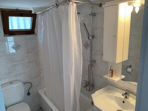 Une salle de bain avec douche, toilettes et lavabo.