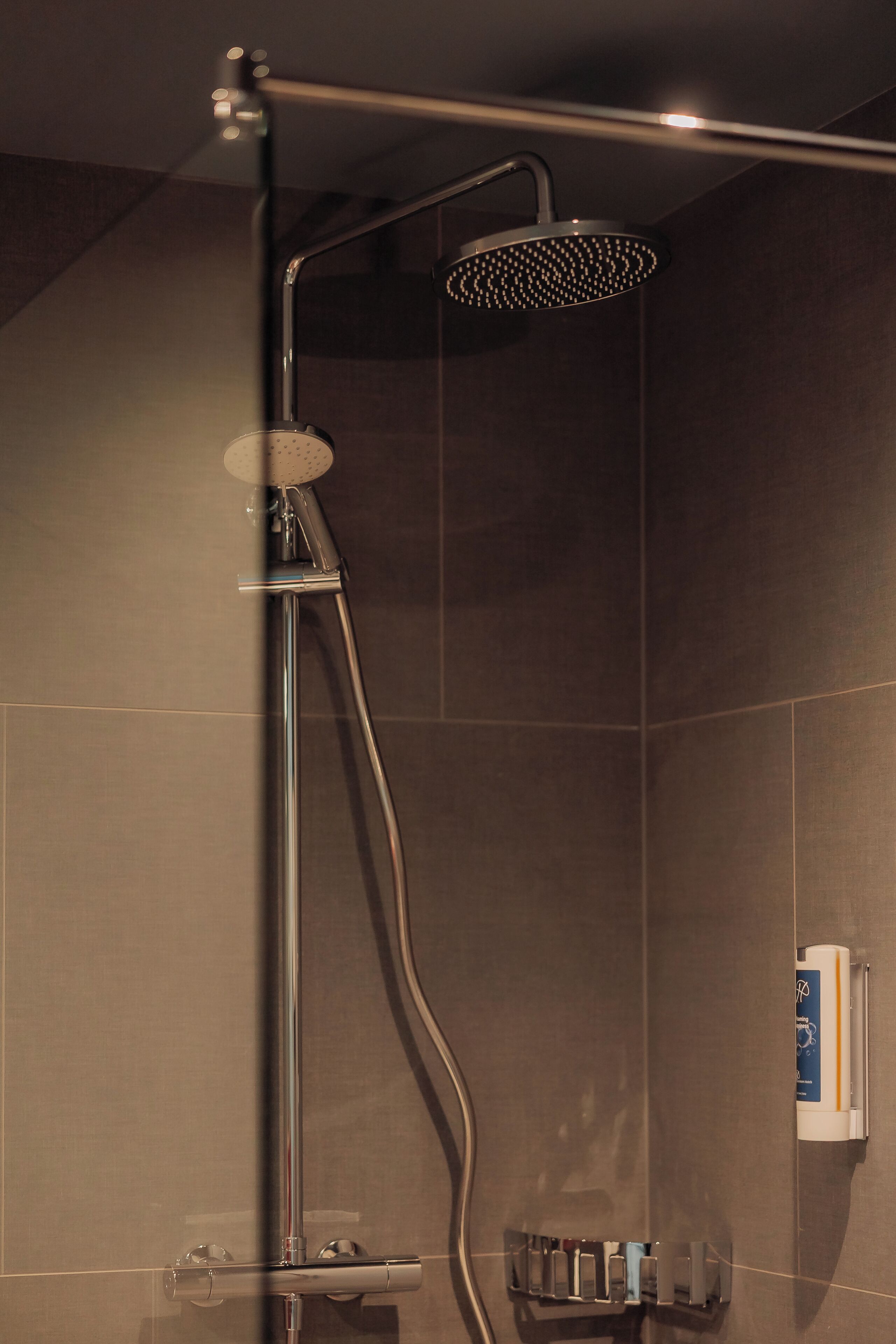 Eine moderne Dusche mit Handbrause und einer fest installierten Bedienkonsole.