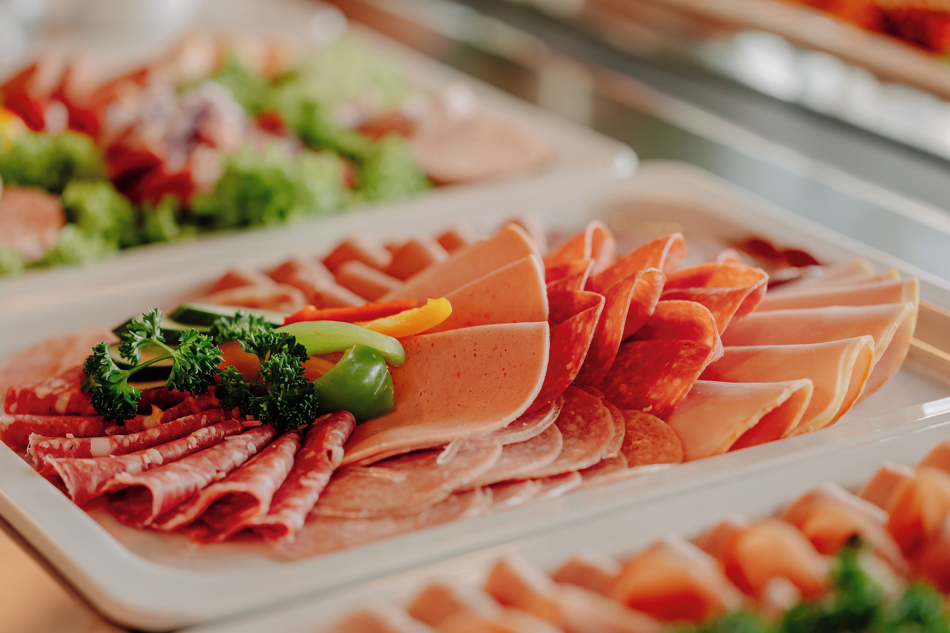 Buffet com diversos carnes e legumes.