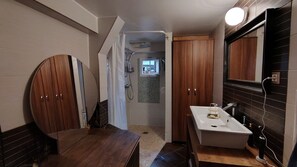 Hair dryer, towels, soap, shampoo