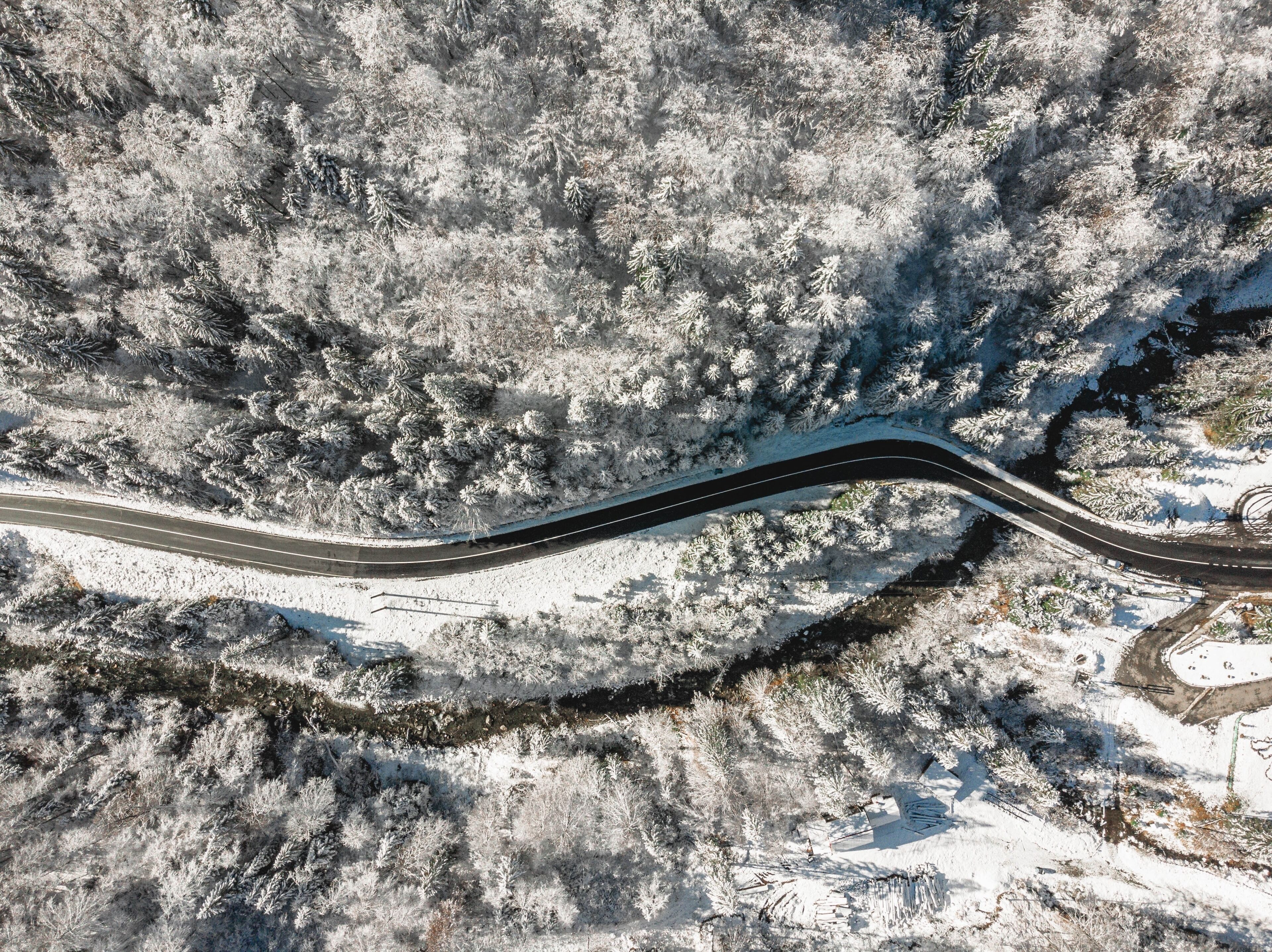 Vista aérea de un camino sinuoso que atraviesa un paisaje nevado con árboles densos cubiertos de escarcha.