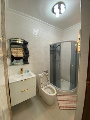 Sèche-cheveux, serviettes fournies, savon, shampoing