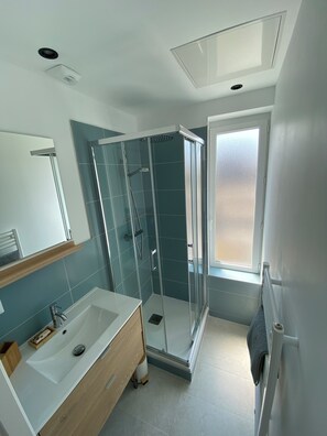 A modern bathroom with a glass-enclosed shower, a white sink, and a large mirror.